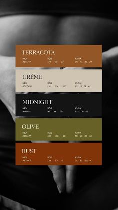 a person is holding their stomach with different colors on it and the text reads terracotta, creme, midnight, olive, rust