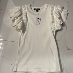 Nwt Express Ruffle Sleeve Top White Super Cute Fit Xs White Fitted Top With Ruffles, Casual White Blouse With Ruffles, Trendy White Ruffled Top, White Cotton Tops With Ruffle Hem, White Ruffled Flutter Sleeve Tops, Casual White Blouse With Ruffle Sleeves, Crew Neck Blouse With Ruffles For Brunch, White Casual Top With Ruffle Hem, Trendy White Ruffle Sleeve Blouse