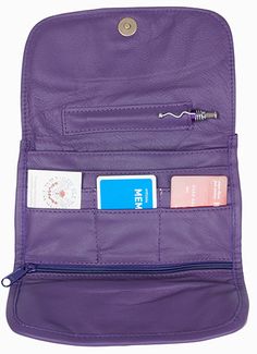 Purple Leather Wallet Purse Compact Leather Bag With Rfid Blocking, Purple Travel Bag With Card Slots, Compact Leather Travel Wallets, Compact Trifold Wallet With Interior Card Slots For Travel, Purple Rfid Blocking Wallets For Travel, Purple Rfid Blocking Wallet For Travel, Rfid Blocking Travel Wallets In Pouch Shape, Purple Rfid-blocking Travel Wallet, Purple Rfid Blocking Travel Wallet