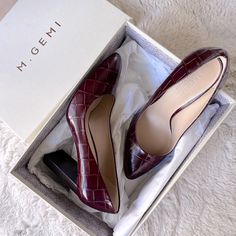 The 90 Mm Lustro From M. Gemi In Burgundy Crocodile Embossed Leather With A Stacked Heel. Size 38.5 Eu. These Have Some Minor Scuffs On The Soles From Being Tried On But I Bought Them New And Never Wore Them. Leather Heels With Crocodile Pattern For Work, Leather Heels With Crocodile Pattern For Office, Office Leather Heels With Crocodile Pattern, Elegant Heels With Crocodile Pattern And Round Toe, Elegant Round Toe Heels With Crocodile Pattern, Elegant Crocodile Pattern Heels With Round Toe, Elegant Crocodile Pattern Heels For Office, Elegant Crocodile Pattern Office Heels, Elegant Crocodile Pattern Heels For Work