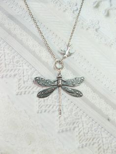 Silver Necklace SILVER DRAGONFLY and Sparrow by birdzNbeez Whimsical Silver Necklaces With Charms, Whimsical Silver Personalized Jewelry, Whimsical Personalized Silver Jewelry, Personalized Whimsical Silver Jewelry, Dainty Silver Dragonfly Jewelry, Dainty Sterling Silver Dragonfly Jewelry, Handmade Silver Dragonfly Jewelry, Nickel-free Sterling Silver Dragonfly Jewelry, Elegant Sterling Silver Dragonfly Necklace