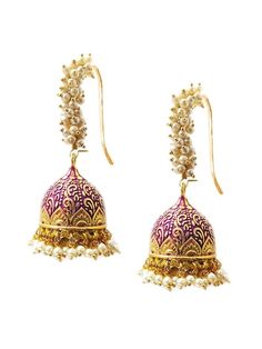 Gold-Toned and Pink Dome Shaped Earrings and has pearls Secured with a fish hook ear wire Size & Fit Earring Length - 8.5 cm, Width - 3.5 cm Material & Care Material: Alloy Stone Type: Pearls Dispatch within 7 days Anarkali Lehenga, Jhumki Earrings, Indian Earrings, Jhumka Earrings, Dress Jewelry, Wedding Wear, Fish Hook, Ear Wire, Earrings For Women