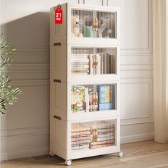 a tall white shelf filled with lots of books next to a potted plant on top of a hard wood floor