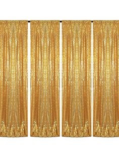 three gold curtains with metallic foil on the bottom and one in the middle, set against a white background