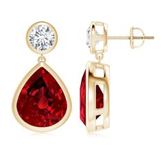 Lab-Grown Bezel-Set Ruby Teardrop Earrings Ruby Earrings, Teardrop Earrings, Bezel Setting, Ruby, Lab, Yellow Gold, Rose Gold, Gold