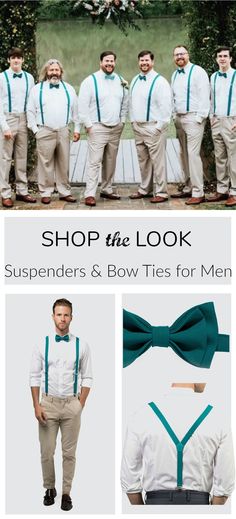 Groomsmen attire for weddings - teal bow tie & teal suspenders #groom #groomsmen #wedding Fitted Belts And Suspenders For Summer Party, Summer Party Dapper Bow Tie, Summer Party Bow Tie, Fitted Belts And Suspenders With Bow For Party, Green Bow Tie For Summer, Green Summer Party Bow Tie, Teal Suspenders, Sunflower Weddings, Outfit Boda