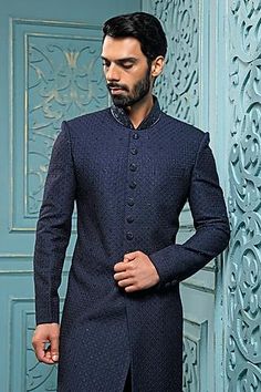 Shop for Vanshik Blue Silk Embroidered Sherwani Set for Men Online at Aza Fashions Blue Sherwani, Embroidered Sherwani, Embroidered Motifs, Blue Silk, Full Sleeves, Wedding Groom, Embroidered Silk, Mandarin Collar, Aza Fashion