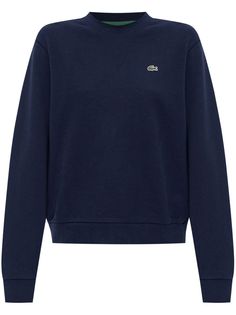 navy blue cotton blend fleece texture crew neck long sleeves appliqué logo straight hem ribbed trim Blue Crew Neck Sweater With Ribbed Neckline, Classic Crew Neck Sweats For Fall, Blue Crew Neck Hoodie With Embroidered Logo, Athleisure Crew Neck Hoodie With Logo, Blue Crew Sweater With Ribbed Neckline, Winter Crew Neck Top With Logo, Fleece Sweatshirt With Ribbed Crew Neck, Casual Winter Sweatshirt With Logo Detail, Casual Winter Sweatshirt With Logo