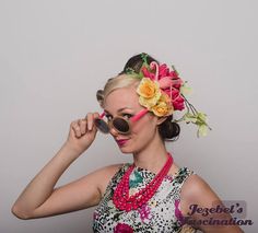 Tiki Luau Tropical Flamingo Fascinator Beach Summer Party Hula Fun Summer Party Headpiece, Luau Headpiece, Tropical Flower Headpiece, Hawaiian Flower Headpiece, Spring Party Flower-shaped Fascinator, Tiki Head, Spring Roses, Floral Hat, Malibu Barbie