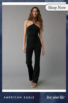 Soft, lightweight knit/High y-neck/Flared leg V-neck Elastane Jumpsuit For Work, Stretch Elastane V-neck Jumpsuits And Rompers, Summer Workwear Elastane Bodysuit, Stretch Bodysuit For Workwear In Summer, Spring Elastane Bodysuit For Loungewear, Elastane Bodysuit For Workwear In Spring, Fitted Spring Workwear Bodysuit, Fitted Spring Bodysuit For Work, Chic V-neck Elastane Jumpsuits And Rompers