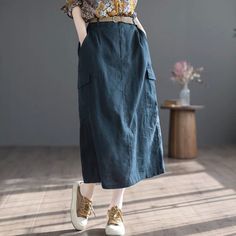 Details: Gender: Women Item Type: Skirts Material: Linen Season: Summer Pattern: Solid Style: Casual, Loose, Retro Waist Type: Elastic Waist Size: One Size Waist: 70.00 - 102.00 cm/ 27.56 - 40.16 " Length: 82.00 cm/ 32.28 " Hip: 108.00 cm/ 42.52 " Casual Non-stretch Skirt With Pockets, Casual Plain Maxi Skirt For Spring, Casual Long Cargo Skirt For Summer, Casual High Waist Relaxed Pencil Skirt, Casual Fitted Plain Skirt, Casual Knee-length Pencil Skirt, Non-stretch Casual Pencil Skirt For Summer, Non-stretch Skirt With Pockets, Non-stretch Knee-length Skirt With Pockets