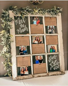 an old window is decorated with photos and greenery