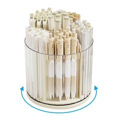 a container filled with lots of different types of toothbrushes