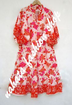 ITEM DESCRIPTION orange pink flower printed maxi dress - v neckline maxi dress - 3/4th sleeve with button maxi dress Features: 3/4th sleeve, V neck, Long dress Material: Cotton cambric Fabric: 100% cotton soft light weight ethnic print fabrics  Sleeve Length = 18 inch For more sizes & their measurement, please refer our below chart to understand the sizes variations available with us For your size requirement, please mention your size in seller note at the time of buying. SIZE MEASUREMENT  BUSTLENGTHSHOULDER XXS34 inch51 inch13.5 inch XS36 inch51 inch14 inch S38 inch51 inch14.5 inch M40 inch51 inch15 inch L42 inch51 inch16 inch XL44 inch51 inch16.5 inch 2XL46 inch51 inch17 inch 3XL48 inch51 inch18 inch   Company Return Policy:  Please write for more information to my email directly CHOOSE White Half Sleeve Maxi Dress For Summer, Pink Backless Maxi Dress For Spring, Printed 3/4 Sleeve Maxi Dress For Beach, Printed 3/4 Sleeve Maxi Dress For Vacation, Printed Maxi Dress With 3/4 Sleeve For Vacation, Spring Half-sleeve Maxi Dress For Beach, Spring Half Sleeve Maxi Dress For Beach, Half Sleeve Maxi Dress For Spring Beach, Summer Half Sleeve Maxi Dress For Beach