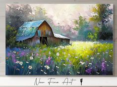 a painting of a barn in a field with wildflowers