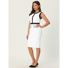 This dress can be a perfect addition to almost any outfit from formal to daily wear, great for work, meeting, office, businesses, work, party, cocktail, wedding, casual, daily dressing, etc. Pair with delicate necklace and heels for a chic office look. Comfortable and classic, this sheath dress is perfect on its own or as a layer under a blazer or jacket. Spring Sleeveless Office Bodycon Dress, Spring Sleeveless Bodycon Dress For Office, Spring Sleeveless Bodycon Office Dress, Sleeveless Bodycon Dress For Office In Summer, Sleeveless Summer Bodycon Office Dress, Sleeveless Bodycon Dress For Summer Office Wear, White Fitted Sleeveless Formal Dress, Elegant White Office Dress, Spring Business Casual Sleeveless Dress