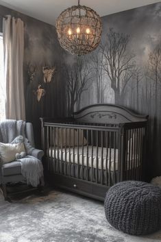 a baby's room decorated in gray and white