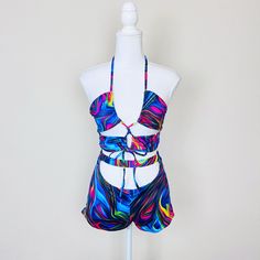 Blue & Pink Trippy Swirl Strappy Cut Out Halter Top & Shorts Set Size M Nwot - Never Worn Can Be Used As A Rave/Festival Set Or Swimwear! 92% Polyester, 18% Spandex Q-30 Rave Set Outfit Festival Edc Punk Goth Grunge Hardware O-Ring Dark Alt Bass Festival Party Edm Costume Exotic Dance Multicolor Short Swimwear For Festival, Blue Shorts For Beach Party In Spring, Blue Shorts For Spring Beach Party, Blue Fitted Shorts For Festival, Summer Party Multicolor Shorts, Colorful Shorts For Beach, Fitted Multicolor Beach Shorts, Blue Tie-side Shorts For Summer, Fitted Multicolor Shorts For Beach Season