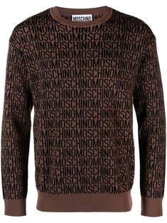 brown/black monogram jacquard ribbed edge crew neck long sleeves straight hem Cotton Jumper, Crew Neck Jumper, Knitwear Men, Hem Style, Sleeves Pattern, Moschino, Crew Neck Sweater, Neck Sweater, Knitted Sweaters