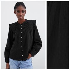 Nwot. Zara Cotton Black Blouse With Round Neckline, Long Sleeves, Front Buttons Closure, Openwork Embroidery Details On Shoulders And Upper Back, Ruffle Details On Shoulders. Size Xs. Ref. 0881/214. 1023 Black Ruffled Button-up Blouse, Black Cotton Shirt With Ruffles, Black Long Sleeve Cotton Blouse, Black Button-up Top With Ruffles, Black Casual Shirt With Ruffles, Casual Black Shirt With Ruffles, Zara Black Long Sleeve Blouse, Zara Black Button-up Blouse, Chic Black Zara Shirt