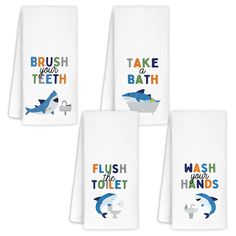 four bathroom towels with the words brush your teeth, wash your hands and shark on them