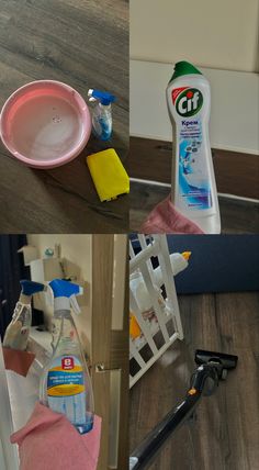 four different pictures showing cleaning products on the floor