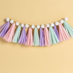 multicolored tasselled garland with pom - poms hanging from string