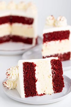 two slices of red velvet cake on plates