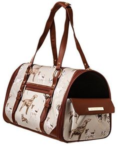 a white and brown dog carrier with horses on it's front pocket, attached to the side of the bag