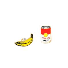 a can of tomato soup next to a banana on a white background with the word tomato soup painted on it