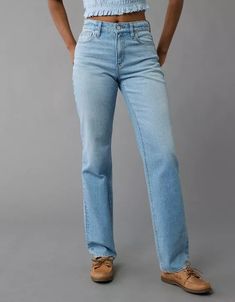 AE Stretch Super High-Waisted Straight Jean Simple Bootcut Jeans Outfit, Straight Leg Jean Shoes, Women’s Jeans, Straight Cut Jeans Outfit, Women Straight Jeans, Boujee Style, Must Have Jeans, Trending Jeans, Bootcut Jeans Outfit