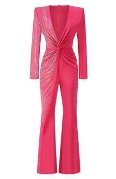 Long Sleeve Embellished Jumpsuit Hot Pink Long Sleeve Jumpsuit For Cocktail Party, Long Sleeve Jumpsuits And Rompers For Cocktail Parties, Elegant Embellished Jumpsuits And Rompers For Spring, Embellished Jumpsuits And Rompers For Night Out, Chic Embellished Formal Jumpsuits And Rompers, Formal Chic Embellished Jumpsuits And Rompers, Chic Embellished Jumpsuits And Rompers For Formal Occasions, Fitted Embellished Jumpsuit For Cocktail, Cocktail Embellished Fitted Jumpsuits And Rompers