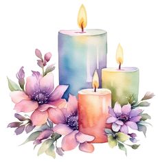 three lit candles surrounded by flowers and leaves on a white background with watercolor effect