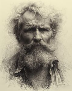 a drawing of an old man with long hair and beard, looking to the side