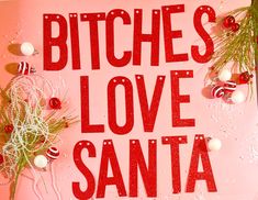 "This Listing is for ONE (1) \"Bitches Love Santa\" Banner We are home of the Original Twerk Party Decor! Our Twerk parties are perfect for bachelorette/bachelor parties, Birthday's, A Girl's night in and so much more! Visit our shop for more Twerk themed party decor! ~Size~ Letters are approximately 5 inches    ~Color~ Available in over 20 different colors. Text color shown is red glitter and the twerkers are in green glitter. If you would like different colors twerkers, please tell us in the \"notes to seller\" section at checkout. Otherwise we will send as is. The Santa hat will always be red and white. The banner will be glitter on the front side and white on the back. Please note that colors may vary slightly due to computer monitors displaying colors differently. ~Assembly~ The banne Christmas Party Wall Decor, Litmas Party Ideas, Trashy Christmas Party, Color Party Decorations For Adults, Funny Theme Party Ideas For Adults, Santa Themed Party, Preppy Christmas Party, Girlsmas Party, Friendmas Party Decorations