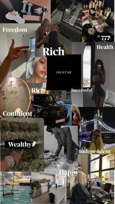 a collage of photos with words and pictures on them that say rich, rich, rich