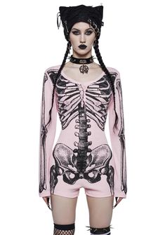 Trickz N' Treatz Skeleton Thermal Romper - Pink – Dolls Kill Women Techwear, Rhinestone Boots, Skeleton Halloween Costume, Girl Skull, Contemporary Clothes, Boots Fur, Bad Barbie, Skeleton Costume, Skeleton Bones