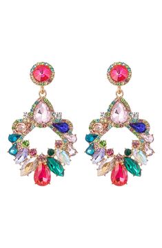 Sparkling multicolor crystals glam up these statement drop earrings for stunning style. 2.5" drop Post back Metal alloy, glass crystals Imported Gorgeous Earrings Sparkle, Statement Earrings Cocktail Dress, Mare Barrow Earrings Colors, Luxury Multicolor Festive Jewelry, Bright Statement Earrings, Funky Jewelry Macy's, Luxe Earrings, Glamour Party, Crystal Chandelier Earrings