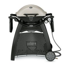 an image of a barbecue grill with wheels on the top and side burners attached to it