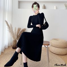 Olivia Mark - Knee-Length Sweater Dress: Versatile Knitted Maxi Dress for Layering and All-Season Style Black Winter Midi Dress, Black Long Casual Sweater Dress, Long Black Casual Sweater Dress, Black Long Sweater Dress For Spring, Black Solid Color Winter Midi Dress, Winter Black Knit Midi Dress, Casual Long Black Sweater Dress, Black Solid Midi Dress For Winter, Black Knit Midi Dress For Winter