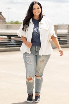 Break hearts in this jacket! This cutie has a classic white color with light distressing on the hems for a fun frayed look! The ruffle on the sleeves and hem is so sweet and the front pockets are the perfect touch! Style this over a fun top and some skinnies for a great look! 100% Cotton So Sweet, Nice Tops, Classic White, White Color, Collar, Pants, Women's Top, White, Color