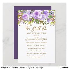 the purple and gold floral wedding shower is displayed on a marble surface with text that reads, we still do and always will