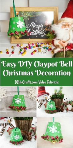 easy diy clay potted bell christmas decoration with text overlay that says easy diy claypott bell christmas decoration