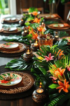 a long table with plates and candles on it