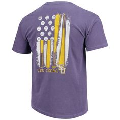 Energize your spirit for the LSU Tigers with this awesome Baseball Flag T-shirt. Brand: Image One Crew neck Imported Machine wash, tumble dry low Material: 100% Cotton Officially licensed Screen print graphics Short sleeve Sizing Tip: Product runs true to size. If you are in between sizes, we recommend ordering the smaller size. Collegiate Cotton Tri-blend T-shirt, Baseball Season Fan Merchandise Cotton T-shirt, Purple Short Sleeve T-shirt For Fans, Collegiate Purple Cotton Tops, Cotton Tri-blend Team Spirit Tops, Purple Collegiate Cotton Tops, Purple Cotton Collegiate Tops, Soft-washed T-shirt For Fan Merchandise With Short Sleeves, Soft-washed Short Sleeve T-shirt For Fan Merchandise