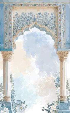 an ornate archway with blue and white flowers on the outside, in front of a cloudy sky