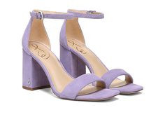 Sam Edelman Daniella - Women's Shoes : Purple Iris : Dance the night away in the metallic Sam Edelman Daniella heels featuring a leather upper with an open, square-toe silhouette on a block heel. Ankle strap with buckle closure. Synthetic lining with cushioned footbed. Synthetic outsole. Imported. Measurements: Heel Height: 3 in Weight: 10 oz Product measurements were taken using size 8.5, width M. Please note that measurements may vary by size. Weight of footwear is based on a single item, not Prom Heels Purple, Quinceanera Purple Heels, Lavender Quinceanera Shoes, Light Purple Heels Prom, Quince Shoes Purple, Spring Sandals With Padded Heel And Rectangular Buckle, Chic Block Heels With Padded Heel And Rectangular Buckle, Chic Block Heels With Rectangular Buckle Closure, Spring Block Heels With Stacked Heel And Rectangular Buckle