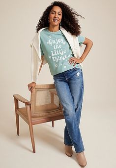 Enjoy The Little Things Oversized Fit Graphic Tee | maurices Blue T-shirt For Everyday Fall Wear, Comfortable Fit Spring T-shirt For Everyday, Spring Crew Neck Tops, Spring Comfortable Crew Neck Tops, Relaxed Spring Loungewear T-shirt, Comfortable Crew Neck Tops For Spring, Comfortable Crew Neck Spring Tops, Relaxed Fit T-shirt For Spring Loungewear, Casual Soft-washed Tops For Spring