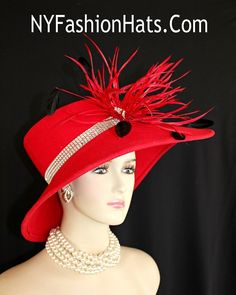 "Women's Designer Haute Couture Red Winter Wool Wide Brimmed Fashion Hat Trimmed With Expensive Red Goose Biot Feathers, Enhanced With Black Burnt Coque Rooster Feathers. Glamorous Clear Acrylic Rhinestones Wrap Around The Crown Of This Stylish Ladies Church Hat. This Formal Winter Wool Dress Hat Is Suited For Winter And Fall Weddings, Church, Formals, Holidays, Horse Races And Special Occasions. This High Fashion Hat Or Headpiece Is Custom Made And Designed By NY Fashion Hats Millinery Headwear Winter Wool Dress, Church Wedding Dress, Church Lady Hats, Statement Hat, Wool Fashion, Royal Ascot Hats, Couture Hats, Ascot Hats, Luxury Winter