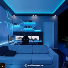 a modern living room with blue lighting